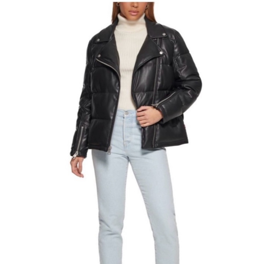 Levi's Black Moto Puffer Faux Leather Jacket Sz M NWT! - Picture 2 of 7